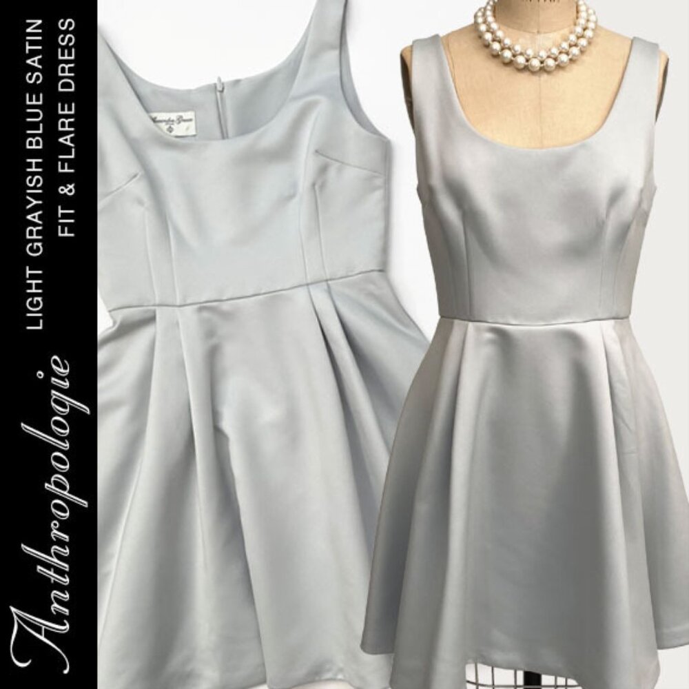 NWT Anthropology Light Grayish Blue Satin Fit & Flare Dress Size 6